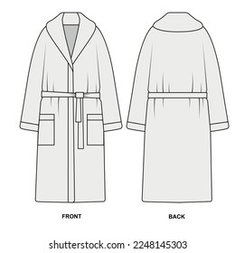 Sketch oversized bathrobe. Robe vector template. Outline technical drawing of a long robe with pockets and belt.