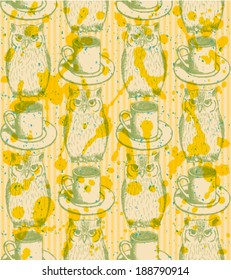 Sketch owl and cup, vector vintage seamless pattern