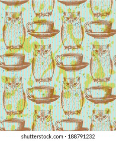 Sketch owl and cup, vector vintage seamless pattern