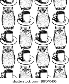 Sketch owl and cup, vector vintage seamless pattern