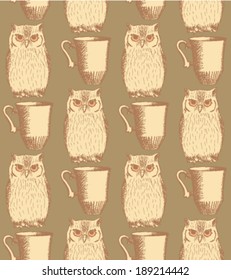 Sketch owl and cup, vector vintage seamless pattern 