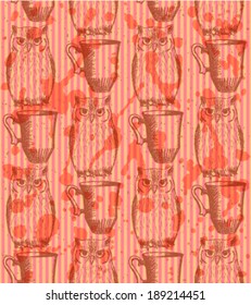 Sketch owl and cup, vector vintage seamless pattern 