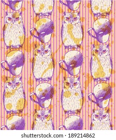 Sketch owl and cup, vector vintage seamless pattern 