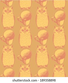 Sketch owl and cup, vector vintage seamless pattern 