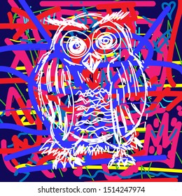 Sketch owl on an abstract background drawn by hand. Print, graffiti, doodle. Stylish vector illustration.