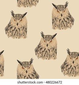 Sketch of owl on a white background. Seamless pattern