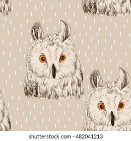 Sketch of owl on a white background. Seamless pattern
