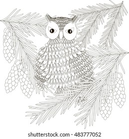 Sketch owl at spruce, thin black line on white, coloring page antistress, vector illustration