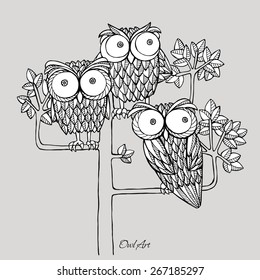 Sketch of owls on the tree. Vector black and white illustration.