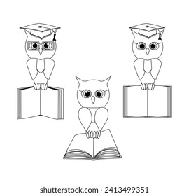 Sketch owls set in a graduate hat holds an open empty book in his paws. Vector outline owl character in black line flat style