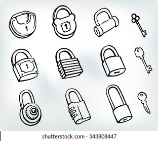 Sketch Padlock Set-Variation of Lock Design in different eras, with keys