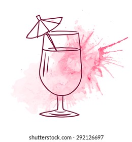 Sketch with a painted glass with juice, umbrella and watercolor spray