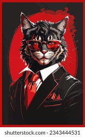 sketch painting of a black cat wearing glasses and a tuxedo in mafia style, in black and red colors, perfect for wall painting, t-shirt design, and display.