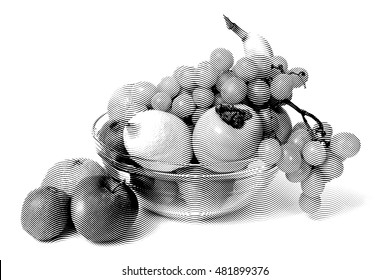 Sketch painting fruit set isolated on white background Black and white
