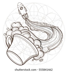 A sketch for the painting with the spacecraft and mug of coffee, tea or hot chocolate. Surrealistic illustration on the space theme design for t-shirts and various items and gifts.