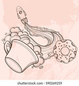A sketch for the painting with the spacecraft and mug of coffee, tea or hot chocolate. Surrealistic illustration on the space theme design for t-shirts and various items and gifts.