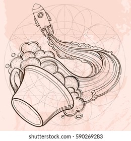A sketch for the painting with the spacecraft and mug of coffee, tea or hot chocolate. Surrealistic illustration on the space theme design for t-shirts and various items and gifts.