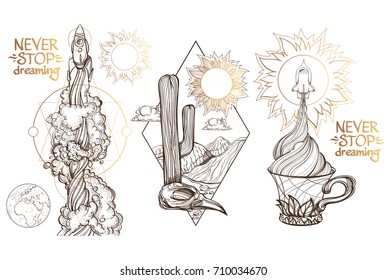 A sketch for the painting with the spacecraft and mug of coffee, tea or hot chocolate. Surrealistic illustration on the space theme design for t-shirts and various items and gifts.