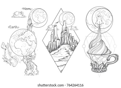 A sketch for the painting with the spacecraft and mug of coffee, tea or hot chocolate. Surrealistic illustration on the space theme design for t-shirts and various items and gifts.