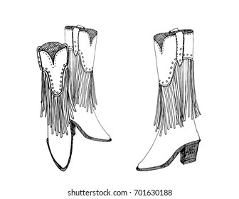 Sketch of a pair of female cowboy boots. Leather boots. Black ink doodle. Vector illustration.