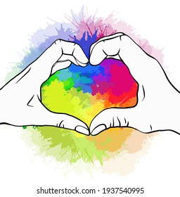 Sketch of pair of human hands on rainbow watercolor splashes. Greeting card of love of human pair for valentines day. Pride and freedom in feelings. Lgbt couples. Vector picture for cards, banners