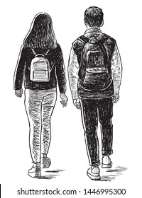 Sketch of a pair of students going on a stroll