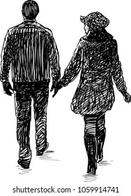 Sketch of a pair of townspeople on a stroll