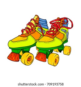 Sketch of pair vintage retro quad roller skates, line art style, vector illustration isolated on white background