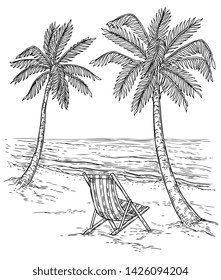 Sketch palm tree landscape. Tropical palm beach, exotic trees and sea waves. Vintage hand drawing vector relaxing summer background. Summer exotic tropical beach, landscape sea and palm illustration