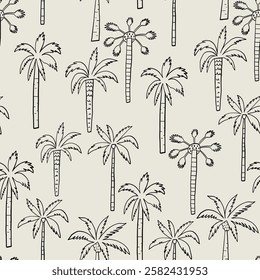 Sketch Palm Tree Seamless Pattern. Vintage Linear Carribbean Background. Monochrome Botanical Vector Wallpaper