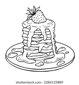 Esbozo de crepes con fresas y jarabe.Gráficos vectores.