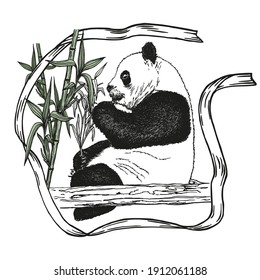 Sketch panda bear with green bamboo. Vector hand drawn outlines in pen and ink. Isolated on white. Eco organic bamboo. No plastic, no waste concept. 