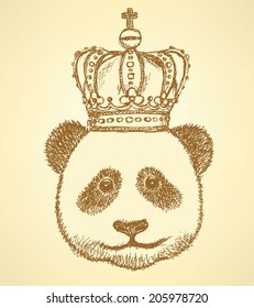 Sketch panda in crown, vector vintage background 
