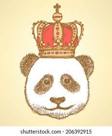 Sketch panda in crown, vector vintage background 