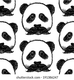 Sketch panda with mustache, vector vintage seamless pattern