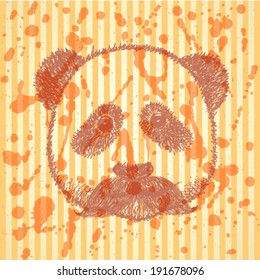 Sketch panda with mustache, vector vintage background