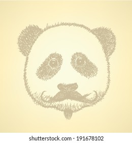 Sketch panda with mustache, vector vintage background