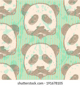 Sketch panda with mustache, vector vintage seamless pattern