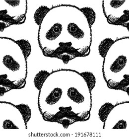 Sketch panda with mustache, vector vintage seamless pattern