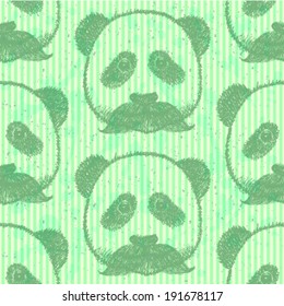 Sketch panda with mustache, vector vintage seamless pattern