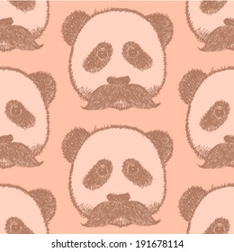 Sketch panda with mustache, vintage seamless pattern