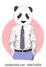 Sketch panda in a shirt and trousers and tie. Businessman style, to the waist. Hand drawn illustration