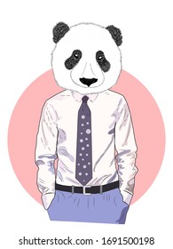 Sketch panda in a shirt and trousers and tie. Businessman style, to the waist. Hand drawn illustration