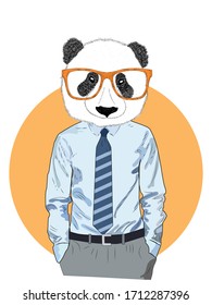 Sketch of panda in a shirt, trousers and tie. Businessman style, to the waist. Hand drawn illustration