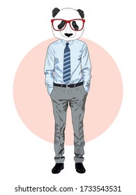 Sketch panda in a shirt and trousers and tie. Businessman style, full length. Hand drawn illustration
