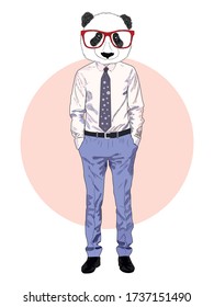 Sketch panda in a shirt and trousers and tie. Businessman style, full length. Hand drawn illustration