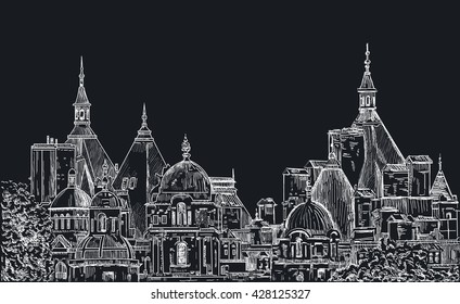 Sketch panoramas central part of London. Painted with chalk on black