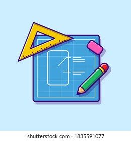 Sketch Paper With Pencil, Ruler And Eraser Cartoon Vector Icon Illustration. Education Equipment Icon Concept Isolated Premium Vector. Flat Cartoon Style