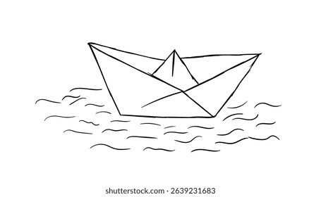 Sketch of a paper ship. black line folded paper boat. hand draw paper ship doodle design. hand drawn sketch in vector