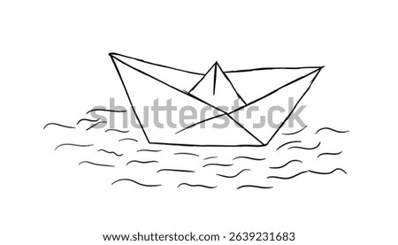 Sketch of a paper ship. black line folded paper boat. hand draw paper ship doodle design. hand drawn sketch in vector